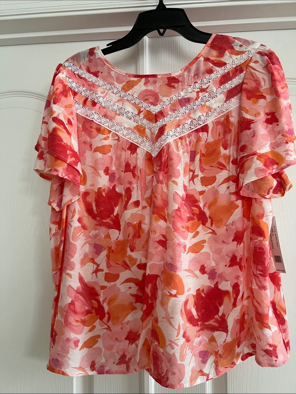 Counterparts Pink & Coral Floral Lace Yoke Flutter Sleeve Blouse